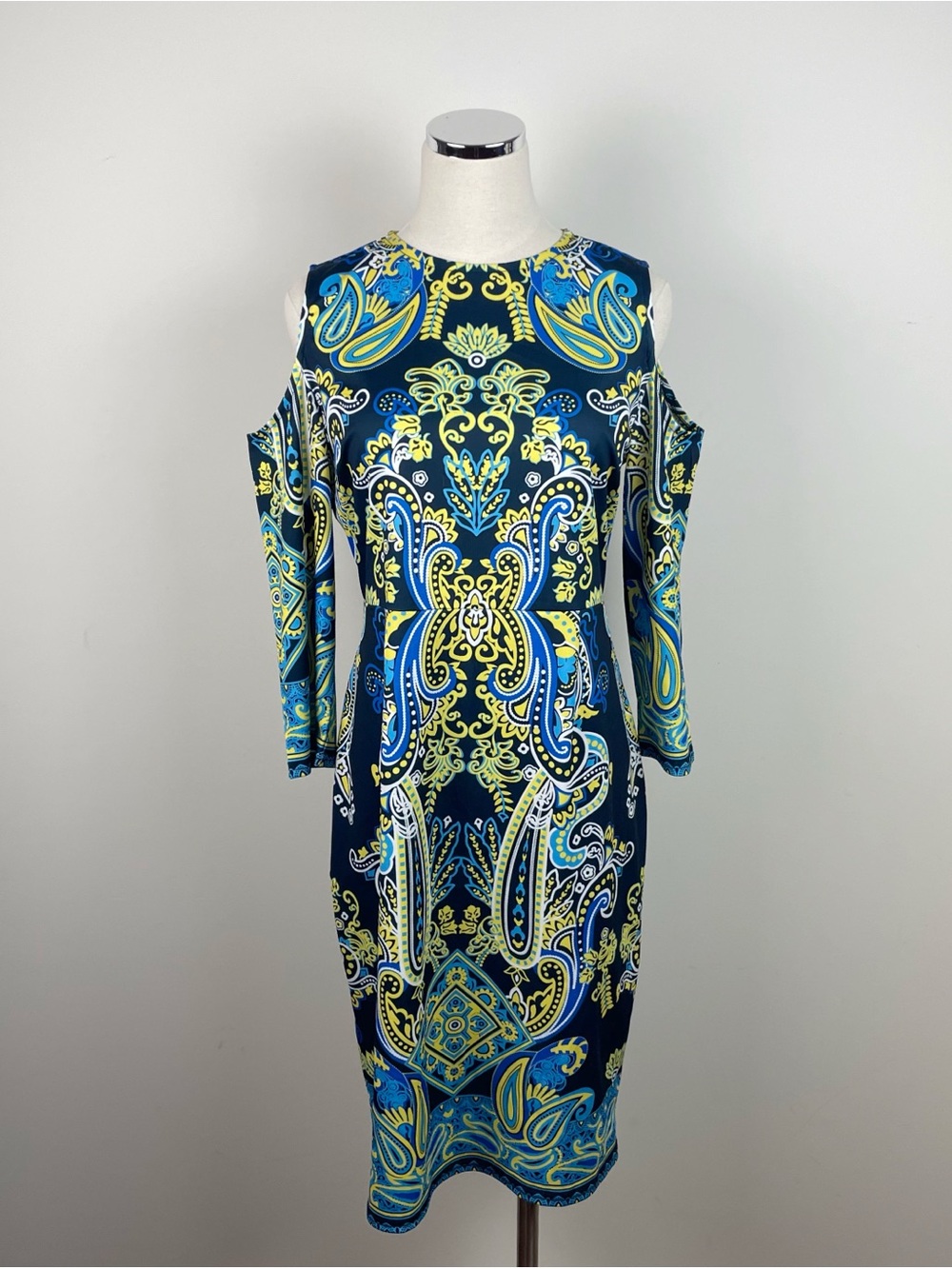 Blue White Yellow Paisley Cold Shoulder Long Sleeve Dress Women Large